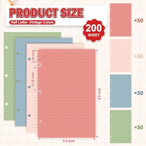 200 Sheets Mini Loose Leaf Paper 5.5 x 8.5 Mini Binder Paper 3 Ring Colored Lined Paper College Ruled 3 Hole Punched Lined Papers Small Notebook Refill Pages Planner Inserts for School Office - style: Lined