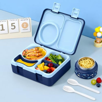 Kids Lunch Box with Thermo, Leakproof Bento Box for Kids with 8OZ Insulated Food Jar, Ice Pack, Sauce Cup, Utensils, Removable Tray & Dividers for School Daycare Travel (Sharks) - color: Sharks