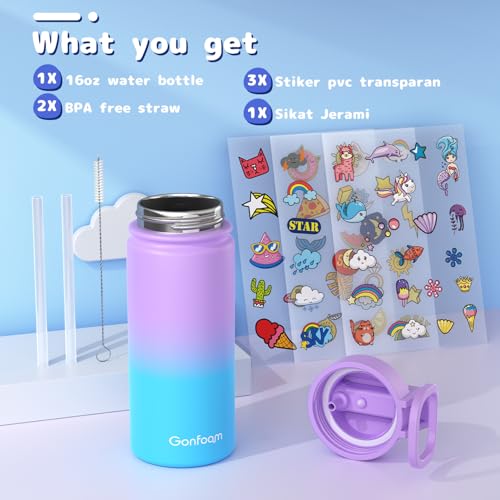 Gonfoam 16oz Kids Stainless Steel Insulated Water Bottle | DIY Stickers, BPA-free, Leak-proof, Sturdy, Keeps Cold 24h, Easy to Carry, Easy to Clean, Back to School, Gifts - color: Purple and Blue, size: 16 Ounces