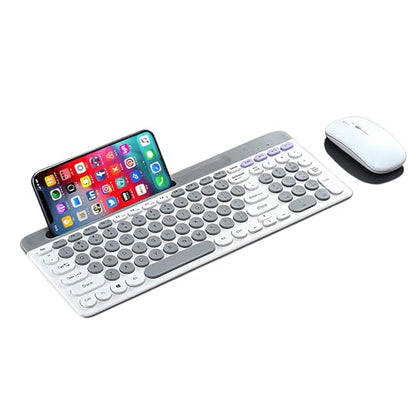 Wireless Keyboard and Mouse Combo with Phone Tablet Holder, Rechargeable Dual-Mode (Bluetooth 5.0 and 3.0 +2.4G) Multi-Device Silent Mouse for Windows, iPad, Tablet, MacOS,iOS,Android (Grey+White) - color: Grey+White