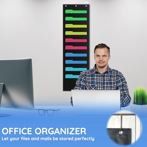 ZKOO 10 Pockets Hanging Wall File Organizer for A4 Size Paper/Legal/Letter Size Document, Sturdy Wall Mail Organizer Black Pocket Chart Great for Classroom, Office, Home Use with 3 Hangers - size: 10 Pocket