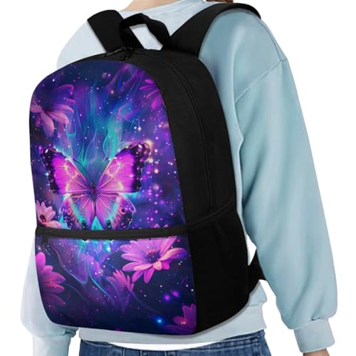 Galaxy Butterfly Backpack for Girls Kids Backpack with Lunch Box Water Bottle Pouch and Soft Pencil Case 4PCS Set Bookbag with Front Pocket for School Teens 17 inch School Bag with Side Pocket - color: Aesthetic Galaxy Butterfly and Flower