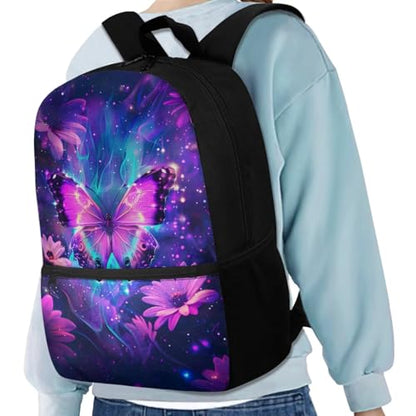 Galaxy Butterfly Backpack for Girls Kids Backpack with Lunch Box Water Bottle Pouch and Soft Pencil Case 4PCS Set Bookbag with Front Pocket for School Teens 17 inch School Bag with Side Pocket - color: Aesthetic Galaxy Butterfly and Flower