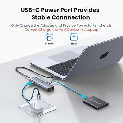 UGREEN USB to Ethernet Adapter, 10Gbps Data Port 5-in-1 Hub Ethernet | with 2*USB-C 3.2, USB-A 3.2/2.0, Gigabit RJ45, Power Port (Only for Adapter), USB A to Network Hub for Laptop, MacBook, XPS