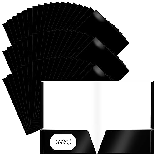 Jutom 50 Pcs 2 Pocket Glossy Paper Folders Glossy Paper Laminated Portfolios, Letter Size, Presentation Folders with Pockets for Office Teacher Worker Supplies(Black Color) - color: Black Color