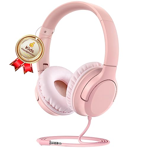 DyBaxa Kids Headphones, Wired Foldable On-Ear Headphones for Kids, Volume Limiter 94dB, Kid Headphones for School Classes Travel, 3.5mm Jack Kids Headset Compatible Smartphones Tablet, Pink - color: Pink