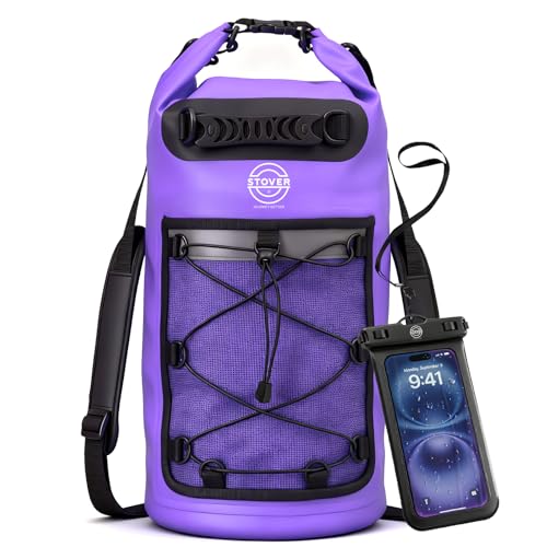 STOVER 5/10/25/30/40L Waterproof Dry Backpack & Phone Case- Large Floating Dry Bag for Kayaking, Travel, Hiking, Fishing, Camping, Motorcycles & Beach, Heavy-Duty Roll Top Men/Women (Purple) - color: 25l+ Purple, size: 30L