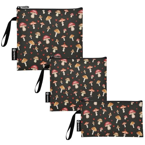 Reusable Food Storage Bags Mushrooms Black Print 3 Pack Set Lunch Bag Compact Sandwich Snack Bag Small Medium Large for Lunch, Travel & Organization - color: Bag 2