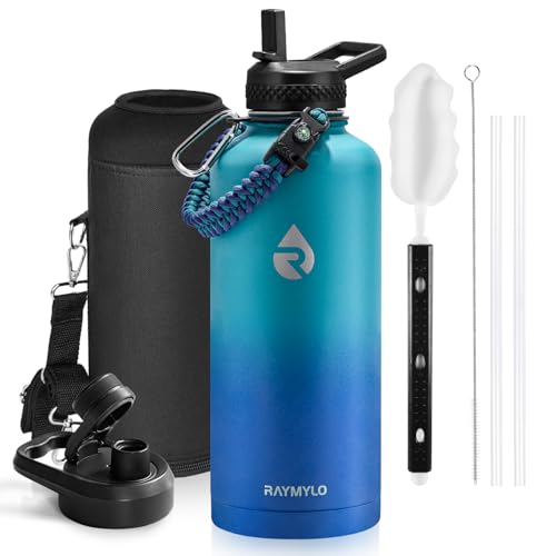 RAYMYLO Insulated Water Bottle 87 oz, Triple Wall Vacuum Stainless Steel (Cold for 48 Hrs), Leak Proof & Non-BPA, Modern Water Flask Jug with Paracord Handle & Straw Spout Lids, Cyan Blue - color: Cyan Blue, size: 87 Ounces