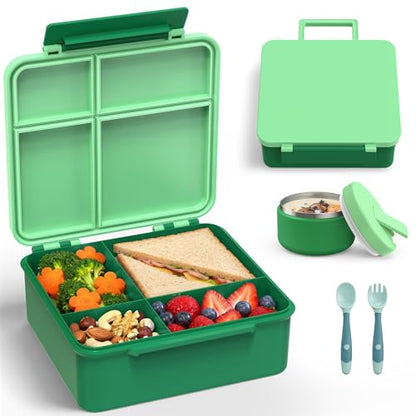 LOHASOK Bento Lunch Box Kids with 8oz Soup Thermo, Leak-Proof Lunch Containers with 4 Compartment, Thermo Hot Food Jar and Insulated Lunch Box for School Green - color: Green