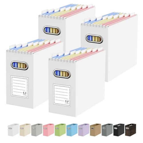 Oterri Portable Collapsible Cardboard File Box with Handle for Letter-Size | 4-Pack. Stainless Steel Handle. Label Stickers Included. Fits Letter Folders (Not Included). Home, Office, School, Dorm, Tax. - color: White, size: Letter Size - 4 Packs