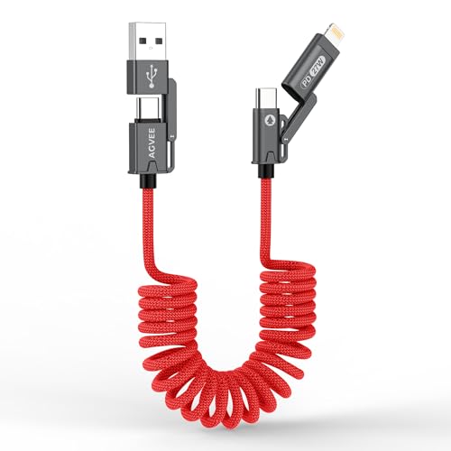 AGVEE 1.5ft 4-in-1 Coiled Multi Charging Charger Data Transfer Cable | Secure-Slide No-Loss Adapters, Slim Tips Fit Thick Cases, Lightning End Reinforced, PD 60W for iPhone Carplay, Android Auto - color: Red, size: 1.5ft, style: Braided 4 in 1