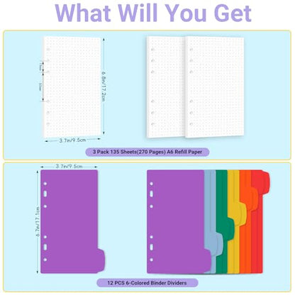 Antner A6 Dotted Refill Paper 6-Hole Planner Inserts for A6 6-Ring Refillable Binder, 135 Sheets/270 Pages Dot Grid Loose Leaf Filler Paper with 12 PCS Binder Dividers for Journal Note Math Work - color: Dotted Paper