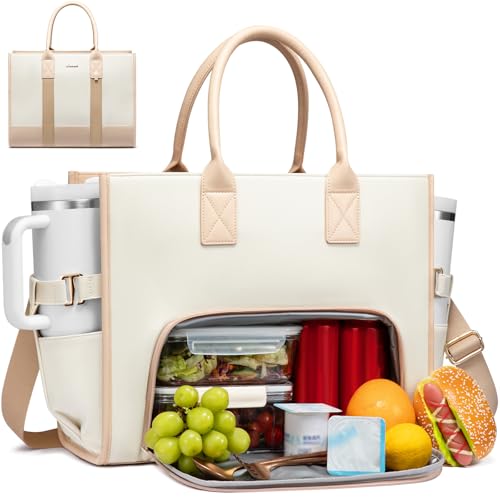 LOVEVOOK Work Tote Bag with Lunch Compartment with Giant Tumbler Holder,15.6 Inch Waterproof 3 in 1 Lunch Bag Women Men Laptop Bag Purse Tote with Padded Sleeve for Teacher,Nurse,College,Travel,Office - color: Flower white - Apricot - Apricot, size: 15.6