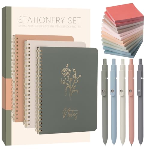 Cute Spiral Notebook Set For Women, Bible Journal Set, 3 Pack A5 Spiral Notebook + 5 PCS Gel Pens + 600 Sticky Notes + Gift Box, Aesthetic Gift Set for Work Students School Office Supplies - color: Simple & Elegant Aesthetic Set-Morandi