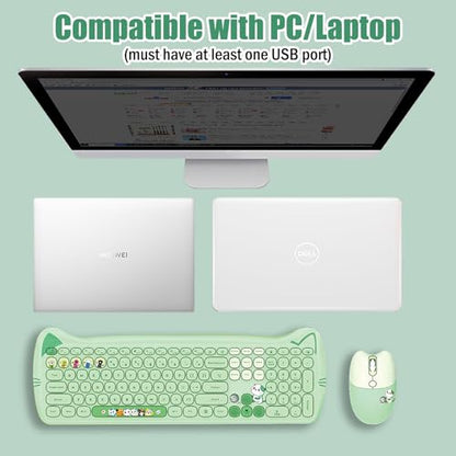 Cute Cat 2.4G USB Wireless Keyboard and Mouse Combo, Silent Keys, Candy Colors, Compatible with Notebook, PC (Green-110Keys) - color: Green-110Keys