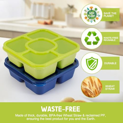 Original Lunchable Snack Containers - 5 Compartments Bento Snack Boxes with 1 Leakproof Small Containers, Wheat Straw, BPA-Free, Set of 2 (Navy+Light Green) - color: Navy+Light Green