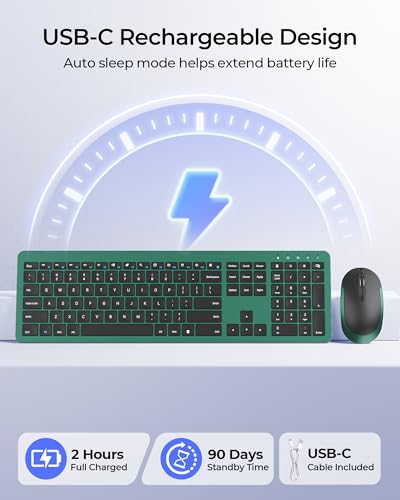 seenda Wireless Keyboard and Mouse Combo, Rechargeable Quiet Keyboard Mouse, Sleek and Ultra Thin Design, Full-Size with Number Pad for Windows, Laptop, PC, Notebook, Desktop- Dark Green - color: Dark Green