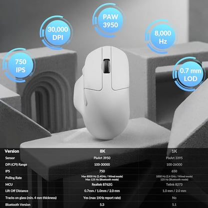 Keychron M7 8K Wireless Mouse, 30K DPI Optical Computer Mice, 2.4 GHz/Bluetooth/Wired with Macro Button 66g Lightweight Ergonomic, Up to 140 Hours Worktime for Laptop macOS/Windows - White - color: White, style: 8K Polling Rate