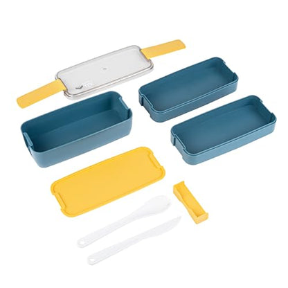 Restaurantware Bento Box 1 Count 30 Ounce Plastic Lunch Box Stackable With Cutlery, Leakproof Microwave-Safe Meal Prep Container Stackable Blue - size: 1 Count, style: 30 oz - Blue