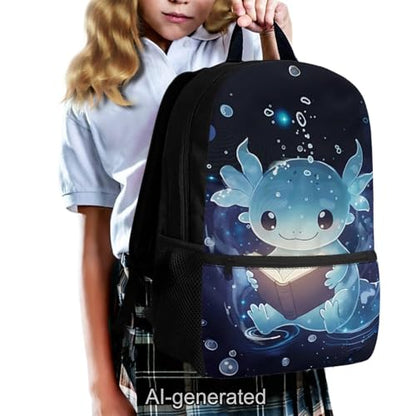 Blue Axolotl 5 Piece Kids School Backpack Set with Lunch Bag Pencil Case and Water Bottle Carrier Large Capacity Bookbag for Elementary and Middle School - color: Blue Axolotl-a