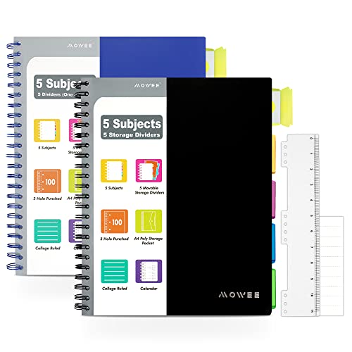 5 Subject Notebook, 2 Pack College Ruled Notebook with Storage Divider Pockets, Index Tabs, 11" Ruler, 200 Pages, for School, Business, Office Supplies, 8.1''x11.7''（Black Blue） - color: BlackBlue, size: 2Pack