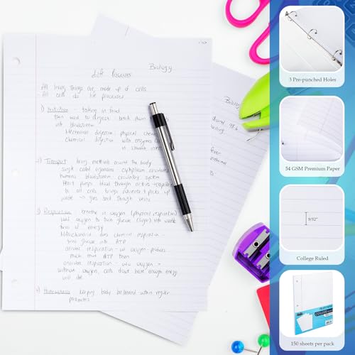 Notebook Paper College Ruled, Loose Leaf Paper College Ruled Notebook Binder Paper Bulk, Lined Filler Paper for 3 Ring Binders - 10.5” X 8", for Student, College, School - 150 Sheets - (2 Pack)