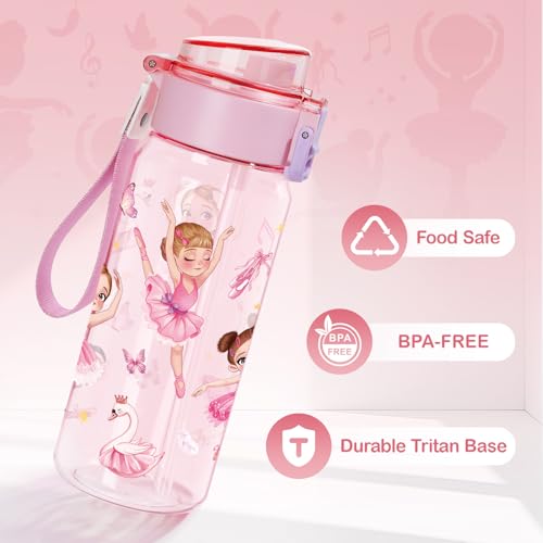Tritan Kids Water Bottle for School, 18.6 oz Leakproof 2-in-1 Toddler Water Bottle with a Pop-up Detachbale Straw, Dishwasher Safe (Ballerina) - color: Ballerina