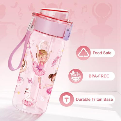 Tritan Kids Water Bottle for School, 18.6 oz Leakproof 2-in-1 Toddler Water Bottle with a Pop-up Detachbale Straw, Dishwasher Safe (Ballerina) - color: Ballerina