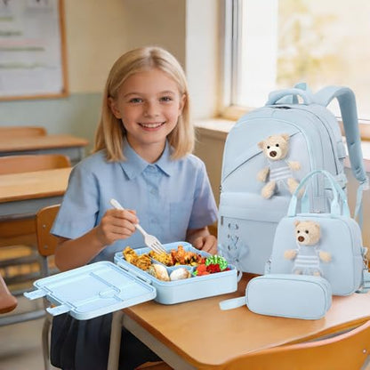 ACESAK Backpack for Girls with Bento Box - 4 PCS Cute Girls Backpack with Lunch Box, Pencil Case & Bento Box Set - 43oz Leakproof Lunch Box Kids Snack Containers Set Back to School Supplies (Blue) - color: Blue