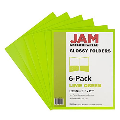 JAM PAPER Laminated Two Pocket Glossy School Folders - Letter Size - High Gloss Lime Green - 6/Pack - color: Lime Green, size: Pack of 6 Folders