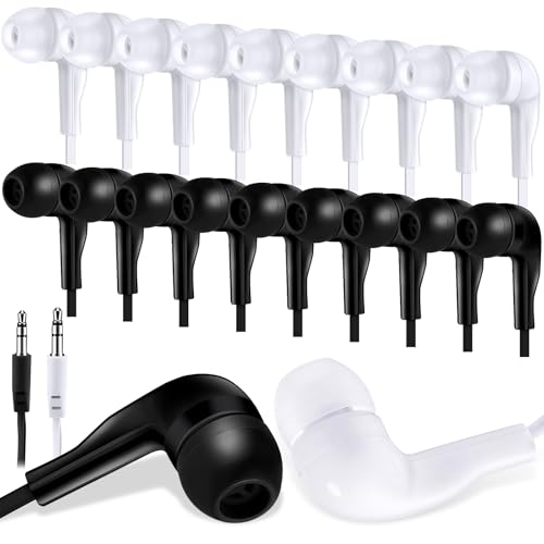 Kanayu 100 Pack Earbuds Bulk Earphones for School Classroom, Student Wired Earbuds Headphones Without Mic, Earphones Bulk for Adults School Library Laptop, Individually Bagged(Black and White) - color: Black and White