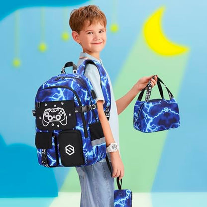 Scothen Boys Backpack, Cool Luminous School Backpacks for Boys with Lunch Bag Pencil Case, Kids Backpack Kindergarten Elementary Middle School Book Bags for Teen Boy Children with USB Charging Port - color: Lightning-blue