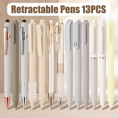 Dunzoom 13 Pack 0.5mm Black Ink Gel Pens 1.0mm Ballpoint Pen Retractable Fine Point Neutral Pens Bulk Quick Dry Smooth Writing for Back to School Office Supplies Note Taking Meeting(Beige) - color: Beige