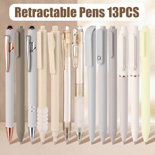 Dunzoom 13 Pack 0.5mm Black Ink Gel Pens 1.0mm Ballpoint Pen Retractable Fine Point Neutral Pens Bulk Quick Dry Smooth Writing for Back to School Office Supplies Note Taking Meeting(Beige) - color: Beige