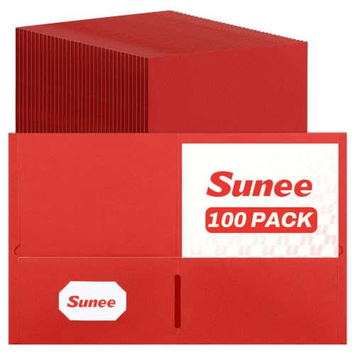 SUNEE Two Pocket Folders, 100 Pack File Folders with Business Card Slot, Textured Paper, Fit Letter Size Paper, Paper File Folder for School Office Home Business, Red - color: Red, style: 100-Pack
