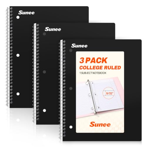 SUNEE Spiral Notebooks, 3 Pack, 1-Subject, College Ruled Paper, 8" x 10-1/2", 70 Sheets per Notebook, Black - color: Black