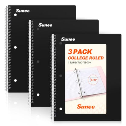 SUNEE Spiral Notebooks, 3 Pack, 1-Subject, College Ruled Paper, 8" x 10-1/2", 70 Sheets per Notebook, Black - color: Black