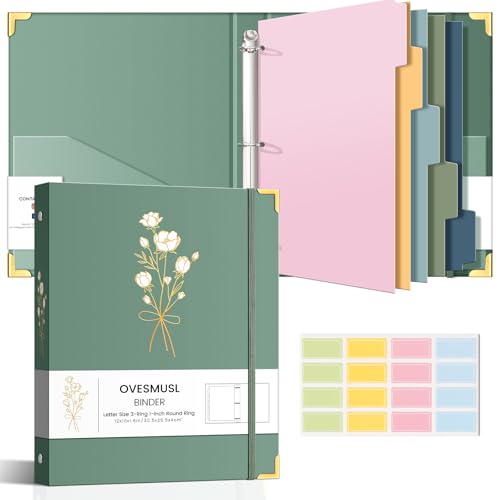 Aesthetic 3 Ring Binder 1 Inch Cute Three Round Rings Binders with Dividers Suitable for 8.5 x 11 Letter Size Paper Loose Leaf Binder with 2 Pockets for School Work - color: Green