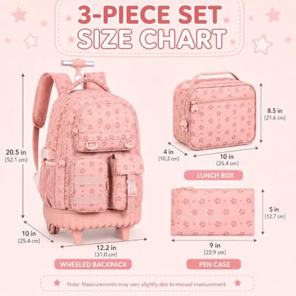 CCJPX Rolling Backpack for Girls, 3Pcs Roller Wheeled School Bookbag, Star Wheels Backpacks with Lunch Box for Kids (Pink) - color: Star Pink