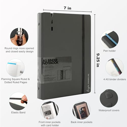 CAGIE A5 Binder 6 Ring Notebook with Dividers Refillable Planner Binder with Pockets, Refill Paper Include Planning Square Ruled and Dotted Pages, 6.89 x 9.25 In, (Grey, A5 Daily&Dot Page) - color: Grey