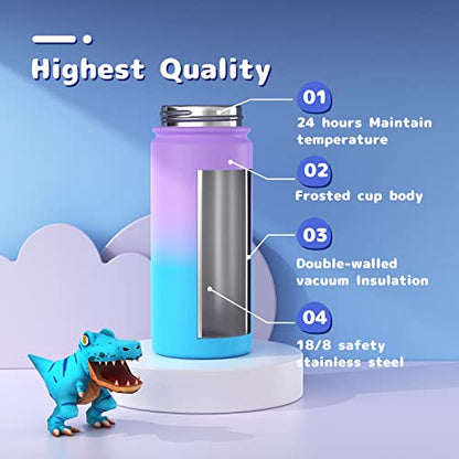 Gonfoam 16oz Kids Stainless Steel Insulated Water Bottle | DIY Stickers, BPA-free, Leak-proof, Sturdy, Keeps Cold 24h, Easy to Carry, Easy to Clean, Back to School, Gifts - color: Purple and Blue, size: 16 Ounces