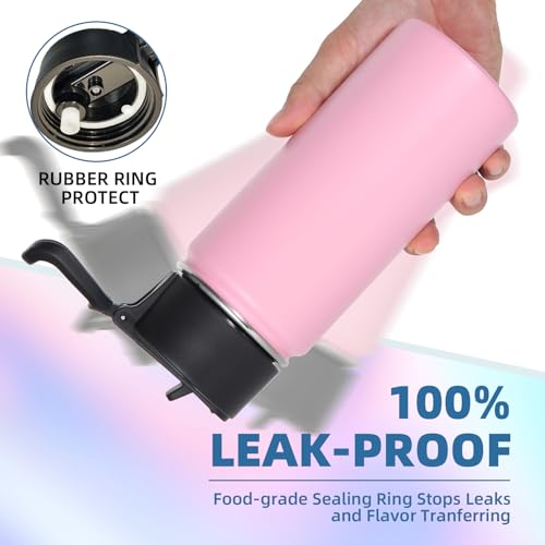 Volhoply Kids Insulated Water Bottle with Straw,16oz Stainless Steel Cold Water Bottles for School,BPA-Free Metal Wide Mouth Cups with Handle Lid,Reusable Double Wall Vacuum Sport Flask(Pink,1) - color: Pink