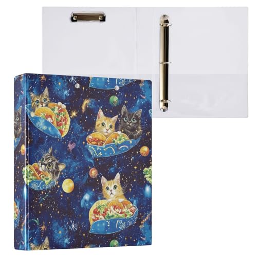 Fustylead Lovely Cats Eating Tacos on Blue Galaxy 3 Ring Binder, D-Rings 1.5" Hardcover Folder, Fits 200 Sheets of A4 Paper, Durable Clipboard & Clean View with Inside Pockets for School Home Office - size: 12.4x10.63x2.36 Inch-1 Pack