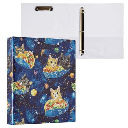 Fustylead Lovely Cats Eating Tacos on Blue Galaxy 3 Ring Binder, D-Rings 1.5" Hardcover Folder, Fits 200 Sheets of A4 Paper, Durable Clipboard & Clean View with Inside Pockets for School Home Office - size: 12.4x10.63x2.36 Inch-1 Pack
