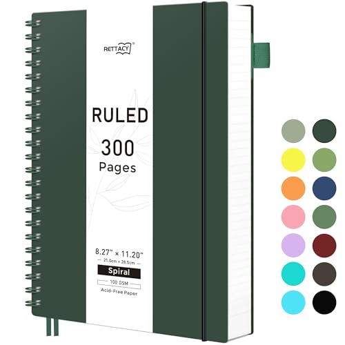 RETTACY Spiral College Ruled Notebook, 300 Pages, A4 Large Size (8.2" x 11.2"), for School, Work, Writing, Journaling, 100 GSM Thick Paper, Flexible Plastic Cover (Deep Green) - color: Deep Green, size: 8.2" x 11.2"