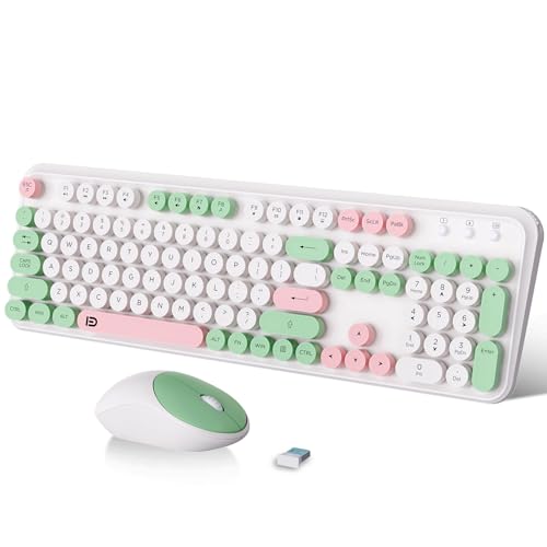FOPETT 2.4GHz Wireless Keyboard and Mouse Set with Switch Button - Full-Size Keyboard - Compatible for Windows/Laptop/PC/Notebook/Smart TV and More - White Green - color: EK8870 White Colorful