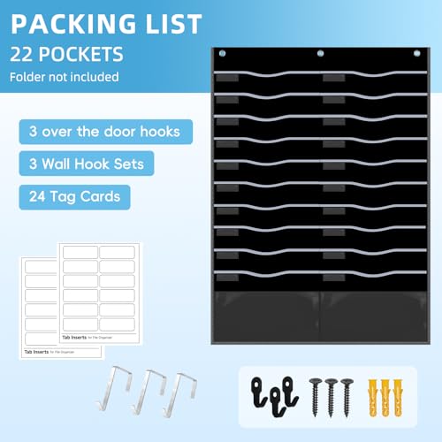 ALSLEA 22 Pockets Hanging Wall File Organizer, Sturdy Legal/Letter Size Manila File Folders Organizer, Classroom Pocket Chart with 2 Writable Clear Pockets, 6 Wall/Door Hooks & 24 Labels (Black) - size: Extra Large (22 Pockets)