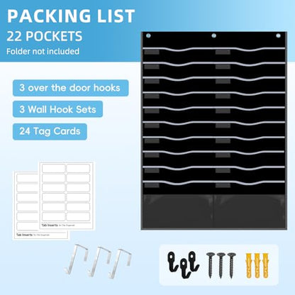 ALSLEA 22 Pockets Hanging Wall File Organizer, Sturdy Legal/Letter Size Manila File Folders Organizer, Classroom Pocket Chart with 2 Writable Clear Pockets, 6 Wall/Door Hooks & 24 Labels (Black) - size: Extra Large (22 Pockets)