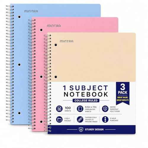 Mintra Office Durable Spiral Notebooks, 1 Subject, (Spring Pink, Sun Yellow, Arctic Ice, College Ruled 3pk) - color: Spring Pink, Sun Yellow, Arctic Ice, size: College Ruled 3pk